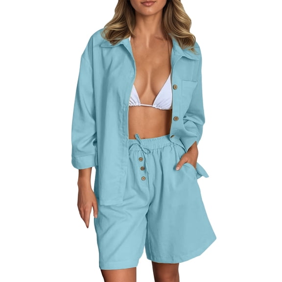 TANYSU Women's Casual Long Sleeve Shirt And Shorts Sets Loose Fit Summer Outfits Basic Solid Color Button Blouse Shorts Two Piece Outfits For Daily Wear Stylish