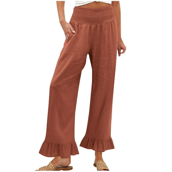 TANYSU Women's Casual Ruffled Pants Summer Comfortable Everyday Long Trousers Lightweight Breathable Wear For Ladies Solid Color Leisure