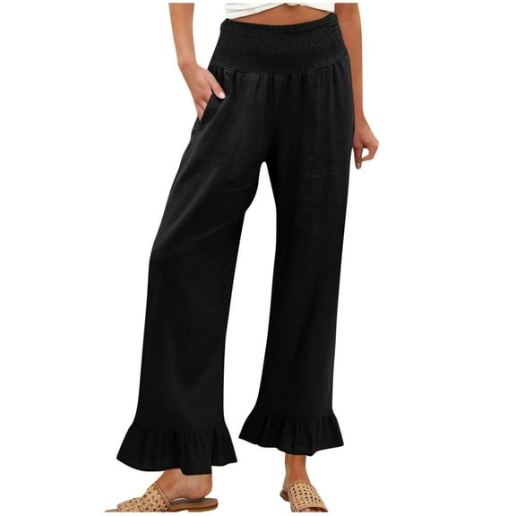TANYSU Women's Casual Ruffled Pants Summer Comfortable Everyday Long Trousers Lightweight Breathable Wear For Ladies Solid Color Versatile