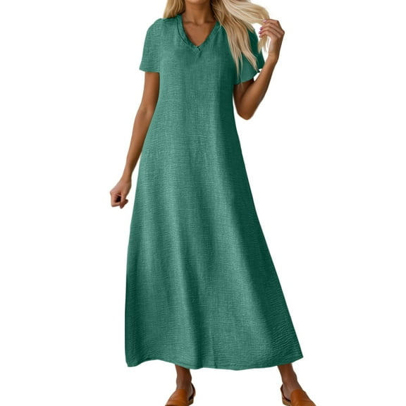 TANYSU Women's Casual V Neck Long Dress Linen Comfortable Daily Short Sleeve Summer Fall Boho Flowy Loose Fit Elegant Versatile Solid Color Dresses Cozy