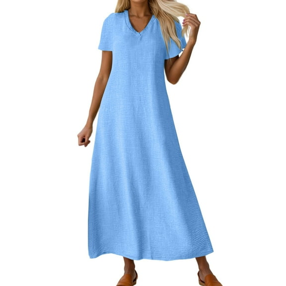 TANYSU Women's Casual V Neck Long Dress Linen Comfortable Daily Short Sleeve Summer Fall Boho Flowy Loose Fit Elegant Versatile Solid Color Dresses Fashionable