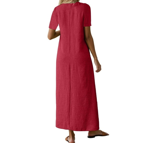 TANYSU Women's Casual V Neck Long Dress Linen Comfortable Daily Short Sleeve Summer Fall Boho Flowy Loose Fit Elegant Versatile Solid Color Dresses Fashionable