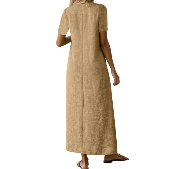 TANYSU Women's Casual V Neck Long Dress Linen Comfortable Daily Short Sleeve Summer Fall Boho Flowy Loose Fit Elegant Versatile Solid Color Dresses Fashionable