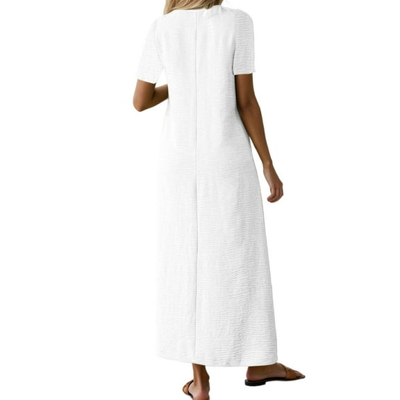 TANYSU Women's Casual V Neck Long Dress Linen Comfortable Daily Short Sleeve Summer Fall Boho Flowy Loose Fit Elegant Versatile Solid Color Dresses Leisure