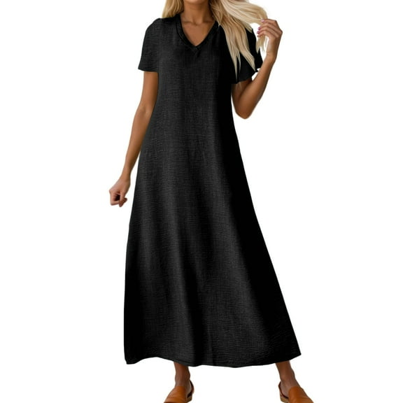 TANYSU Women's Casual V Neck Long Dress Linen Comfortable Daily Short Sleeve Summer Fall Boho Flowy Loose Fit Elegant Versatile Solid Color Dresses Relaxed Fit