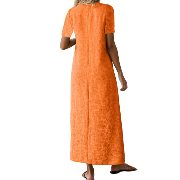 TANYSU Women's Casual V Neck Long Dress Linen Comfortable Daily Short Sleeve Summer Fall Boho Flowy Loose Fit Elegant Versatile Solid Color Dresses Stylish