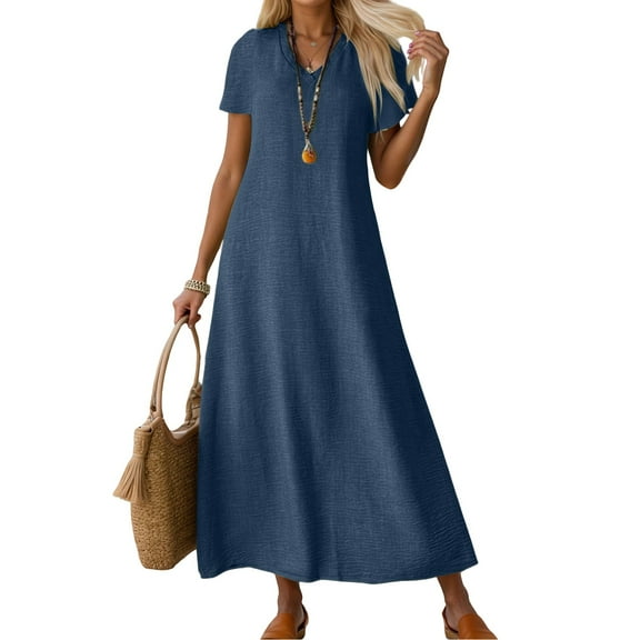TANYSU Women's Casual V Neck Long Dress Linen Comfortable Daily Short Sleeve Summer Fall Boho Flowy Loose Fit Elegant Versatile Solid Color Dresses Soft