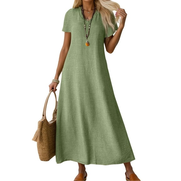 TANYSU Women's Casual V Neck Long Dress Linen Comfortable Daily Short Sleeve Summer Fall Boho Flowy Loose Fit Elegant Versatile Solid Color Dresses Versatile