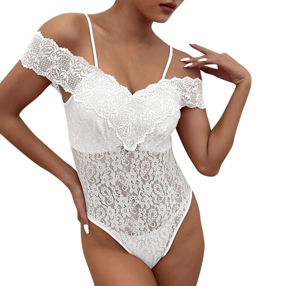 TANYSU Women's Lace Bodysuits Summer Sleeveless Spaghetti Hollow Out Bodysuit Casual Boho Off-Shoulder Party Wear Solid Color Onesie Fashionable