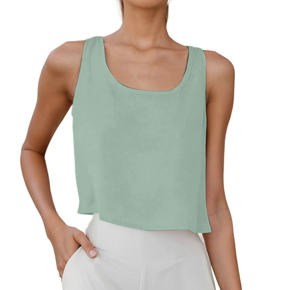 TANYSU Women's Linen Blend Casual Tank Tops Sleeveless Round Neck Button Up Shirt For Summer Comfortable Breathable Loose Fit U Neckline Solid Color Vests Relaxed Fit