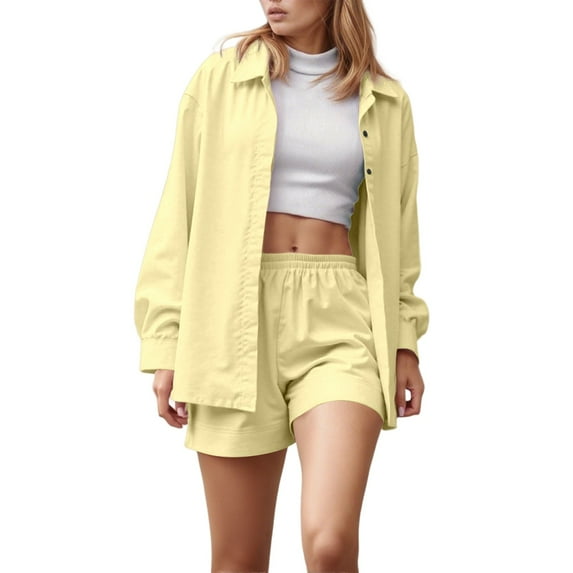 TANYSU Women's Long Sleeve Blouse Shorts Set Casual Outfits Sets Summer Fall Everyday Wear Button Down Shirt Tops With Comfortable Shorts Solid Color 2PCS Clothes Sets Comfort