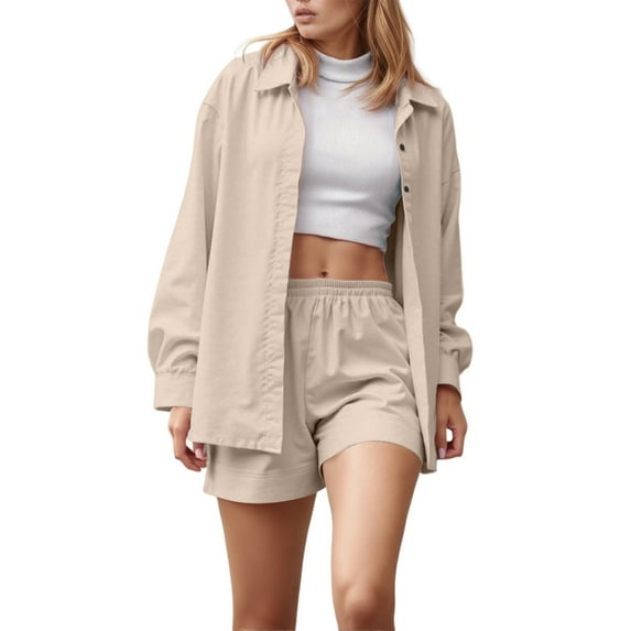 TANYSU Women's Long Sleeve Blouse Shorts Set Casual Outfits Sets Summer Fall Everyday Wear Button Down Shirt Tops With Comfortable Shorts Solid Color 2PCS Clothes Sets Classic