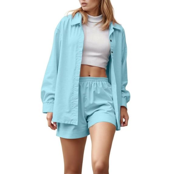 TANYSU Women's Long Sleeve Blouse Shorts Set Casual Outfits Sets Summer Fall Everyday Wear Button Down Shirt Tops With Comfortable Shorts Solid Color 2PCS Clothes Sets Trendy