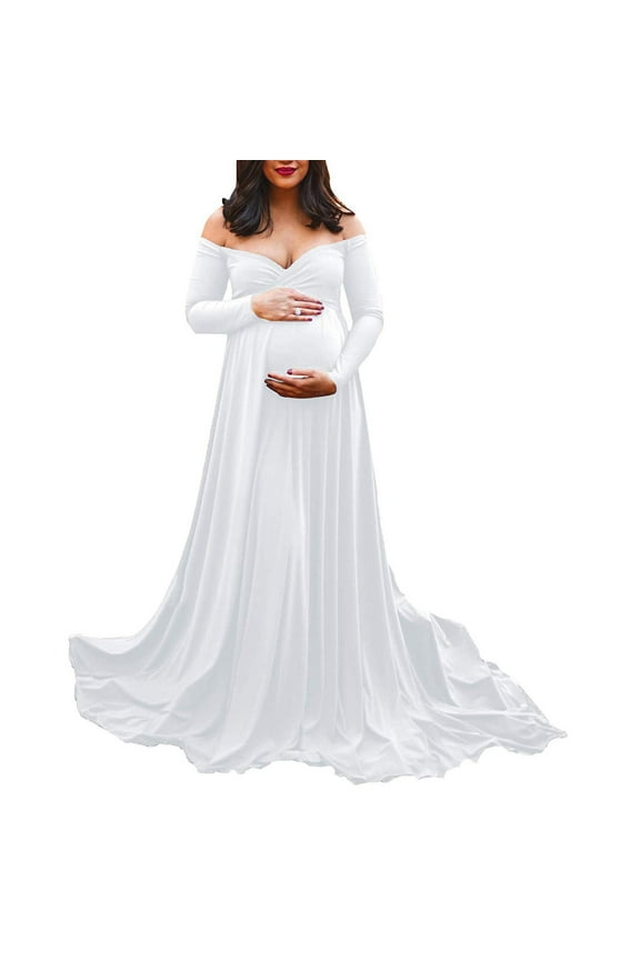 Womens Maternity Off Shoulders Long Sleeve Photography Pregnants Dress Solid Color Princess Dress Photo Props Dress For Mother-to-be