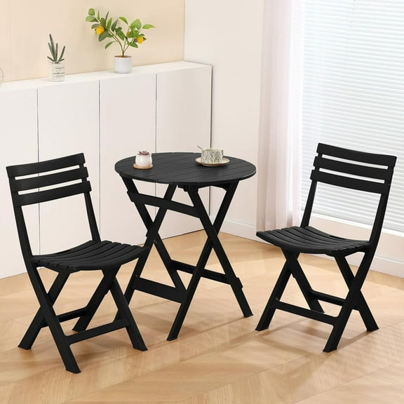 TAO ONE Plastic Folding Bistro Set – 3 Piece Portable Indoor Outdoor Table and Chairs for Patio, Balcony, Garden, and Poolside (Black)