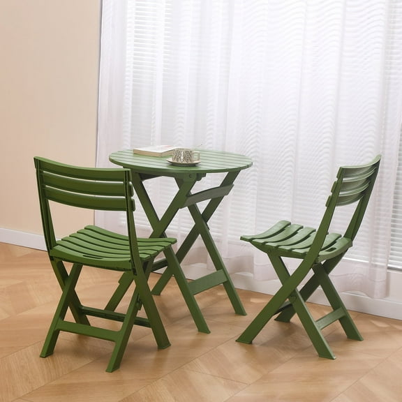 TAO ONE Plastic Folding Bistro Set – 3 Piece Portable Indoor Outdoor Table and Chairs for Patio, Balcony, Garden, and Poolside (Green)