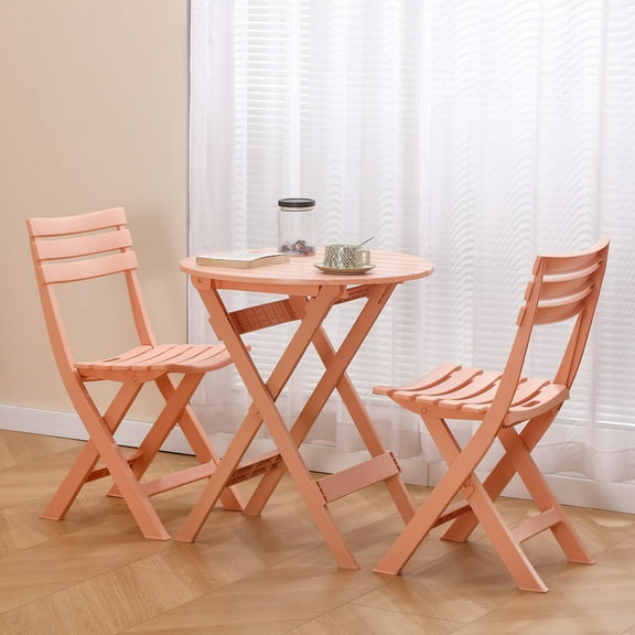 TAO ONE Plastic Folding Bistro Set – 3 Piece Portable Indoor Outdoor Table and Chairs for Patio, Balcony, Garden, and Poolside (Pink)