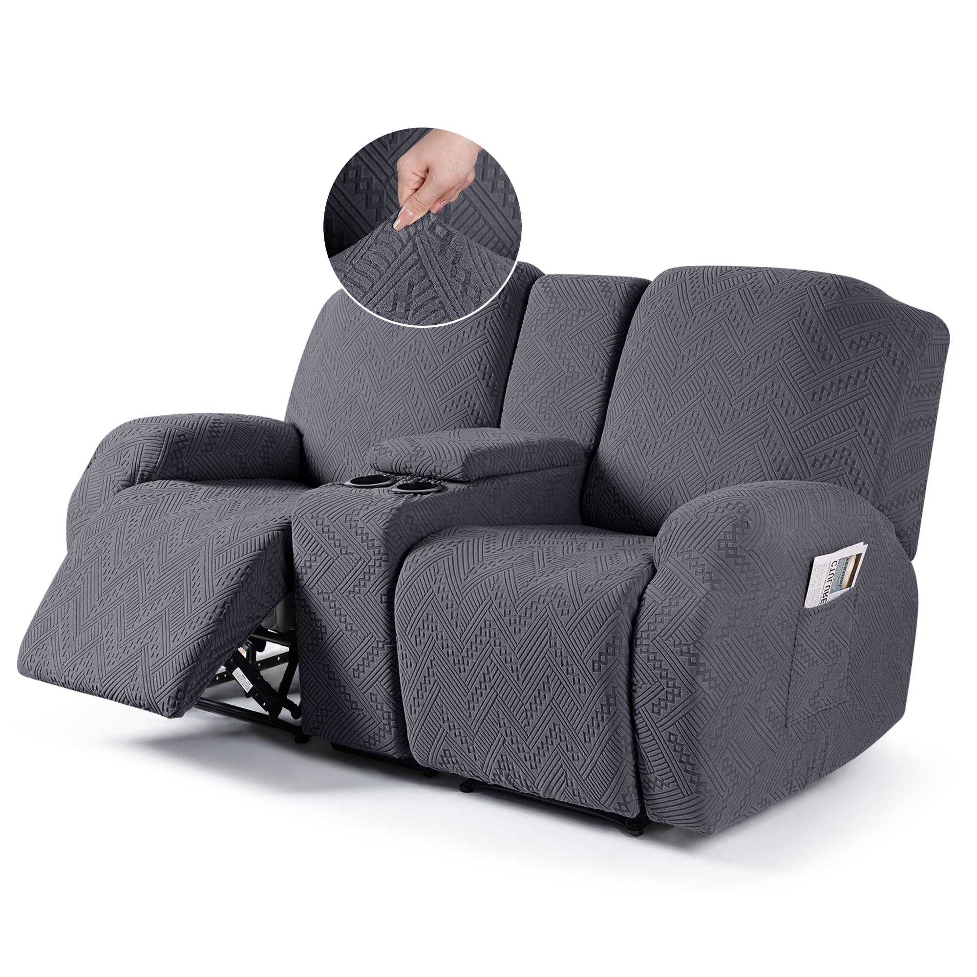 TAOCOCO Durable 4-Pieces Loveseat Recliner Slipcovers with Console, Stretch Jacquard Reclining Couch Covers for 2 Seater Sofa with Pockets- Home Sofa Protector, Black Gray