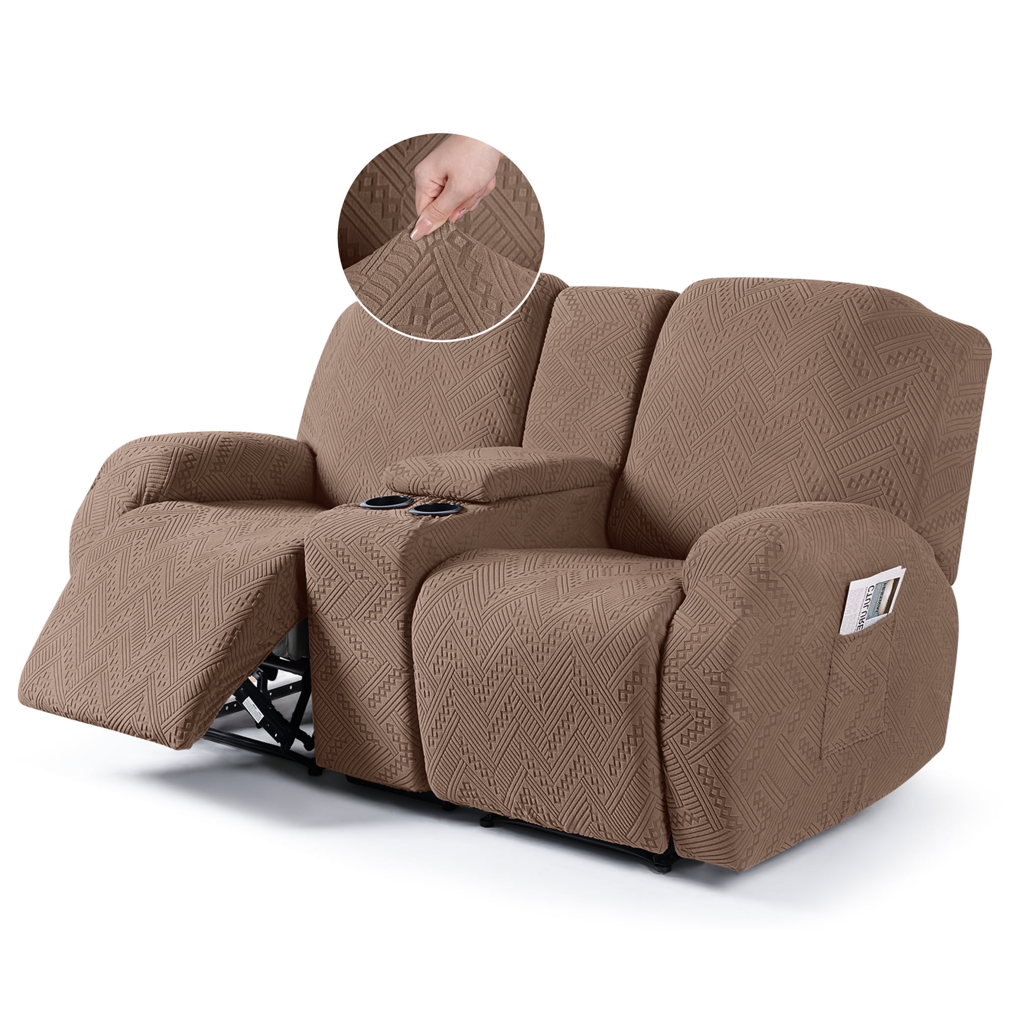 TAOCOCO Durable 4-Pieces Stretch Loveseat Recliner Slipcovers with Console, Jacquard Reclining Sofa Covers for 2 Seater Couch with Pockets Sofa Protector, Brown