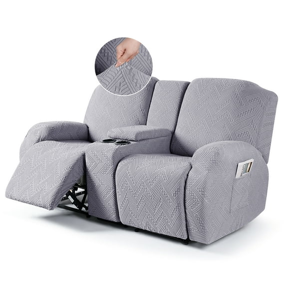 TAOCOCO Loveseat Recliner Slipcovers with Console, 4 Pieces Jacquard Reclining Couch Covers with Pockets for 2 Seater Sofa, Light Gray