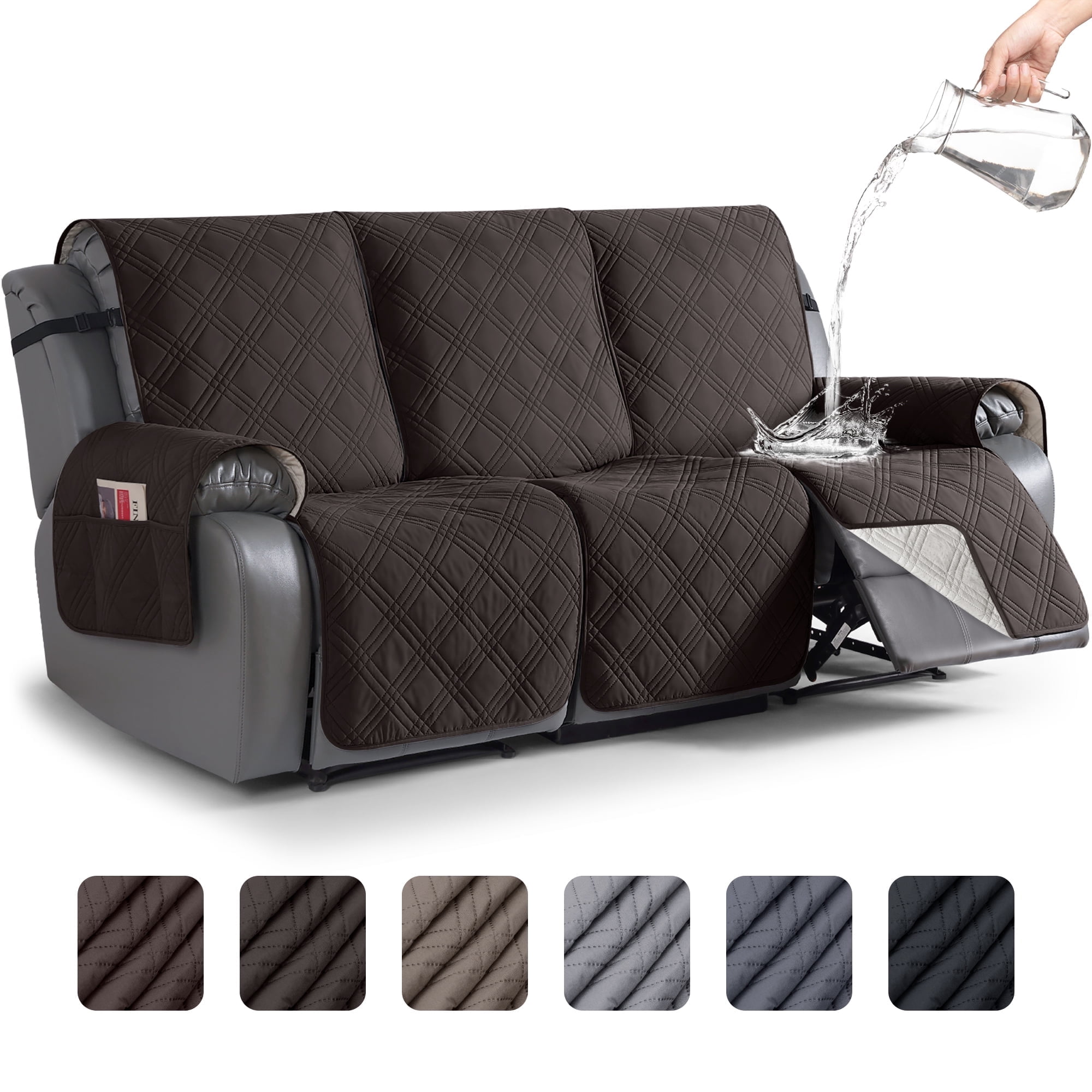 TAOCOCO Non-Slip Waterproof Recliner Sofa Covers, Washable Split Sofa Slipcovers for Reclining 3 Seater Couch, Recliner Sofa Cover with Side with Pockets Home Furniture Protectors,Coffee