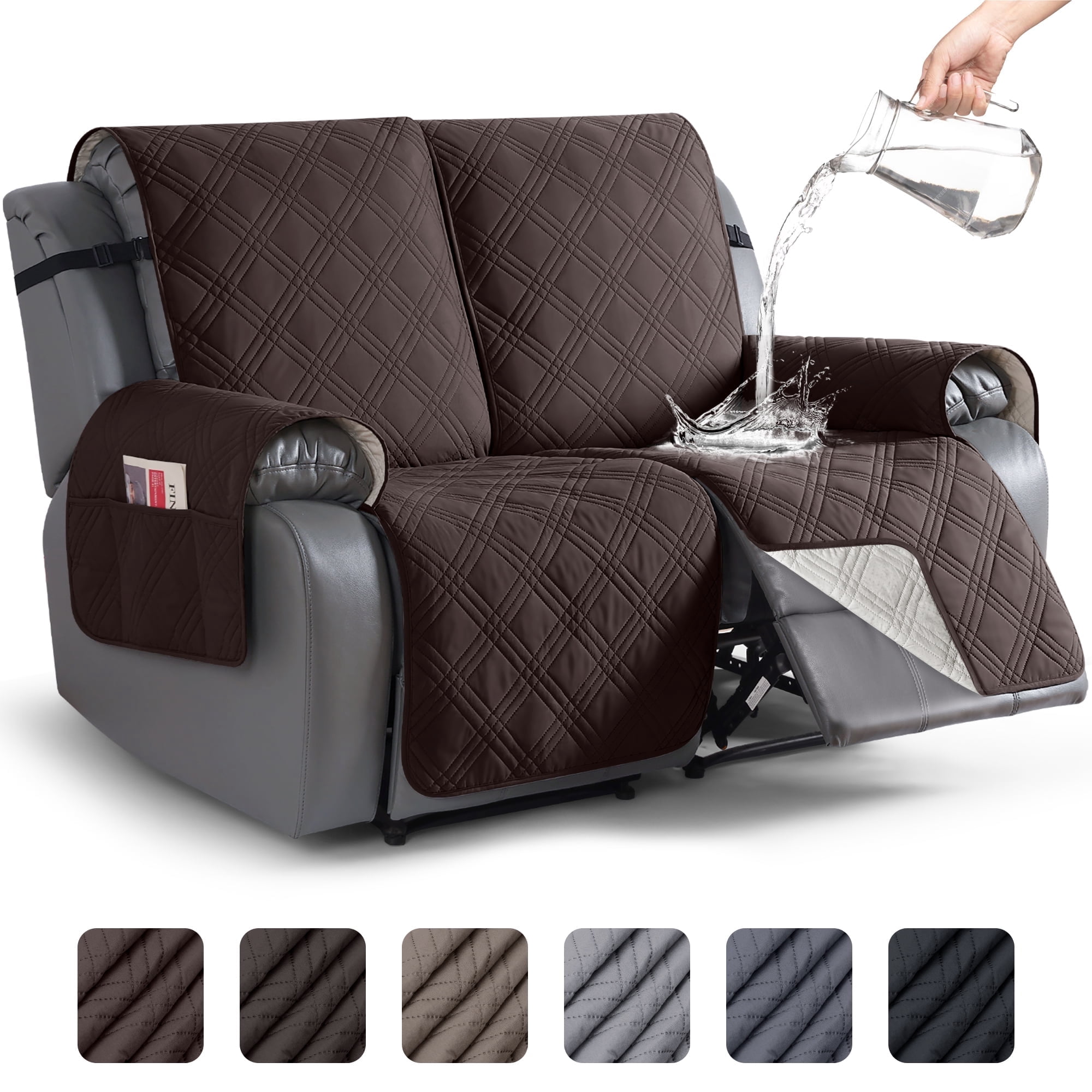 TAOCOCO Waterproof Recliner Couch Covers, Anti-Slip Sofa Slipcovers for Reclining 2 Seater Couch, Split Sofa Cover for Each Seat with Pockets Pets Furniture Protector,Chocolate