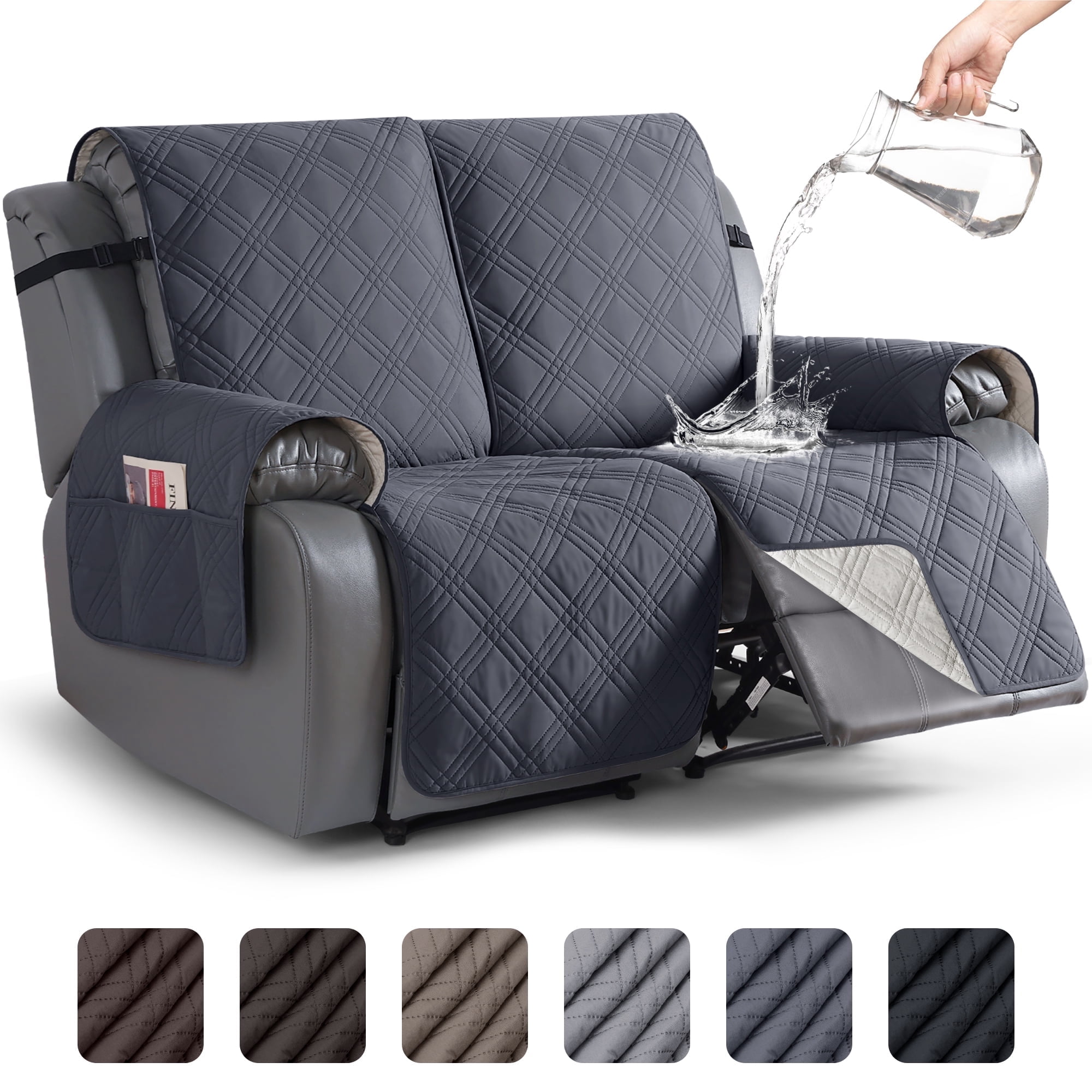 TAOCOCO Waterproof Recliner Couch Covers, Anti-Slip Sofa Slipcovers for Reclining 2 Seater Couch, Split Sofa Cover for Each Seat with Pockets Pets Furniture Protector,Dark Gray
