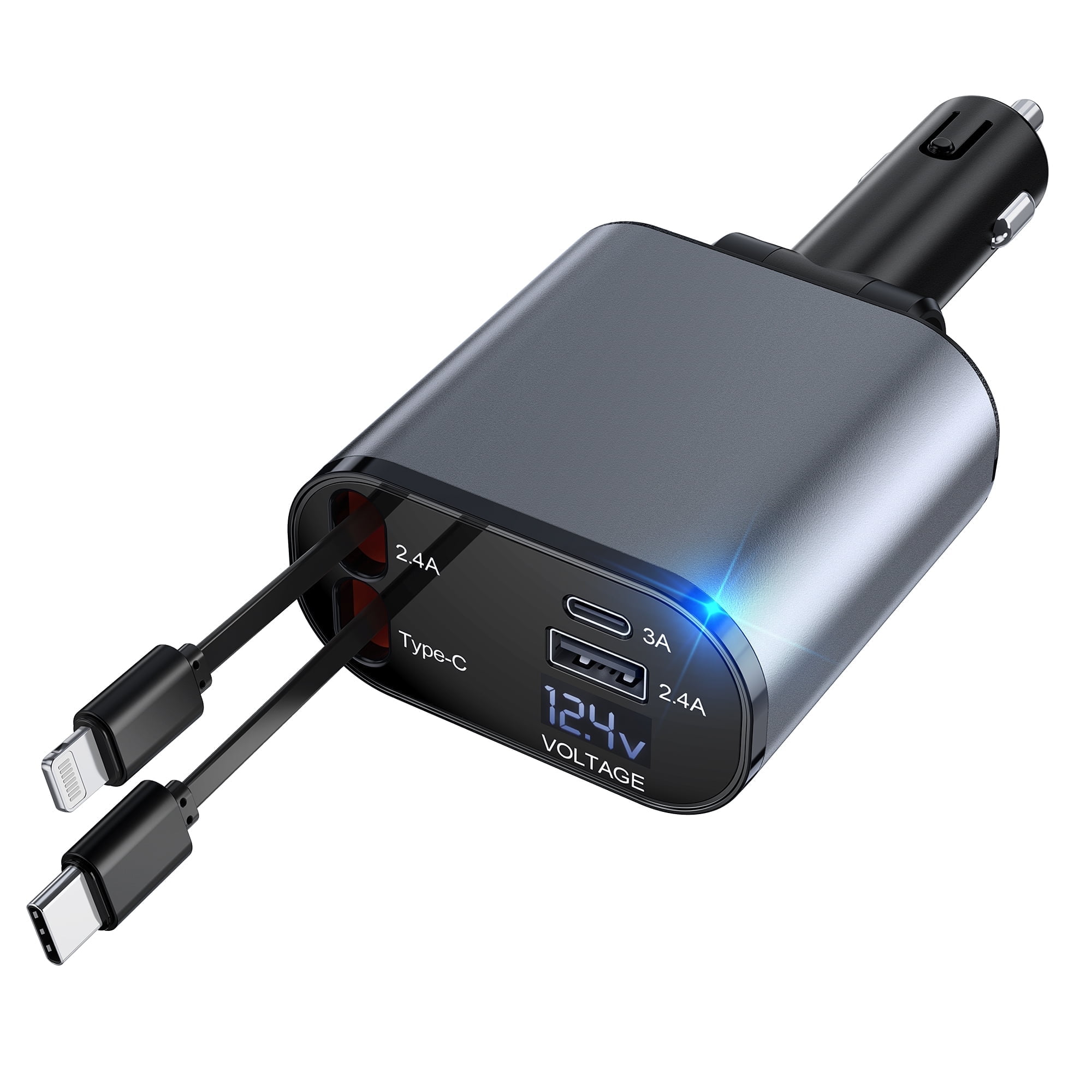 TAOHAI 60W 4-in-1 Retractable Car Charger USB C - Fast Charging Adapter with 2 USB Ports for iPhone 16/15, Galaxy, Pixel