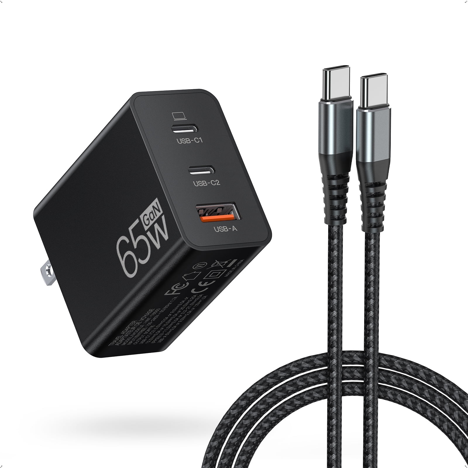 TAOHAI 65W 3-Port USB C Fast Charger Block with 6.6ft Cable - PD GaN Tech for iPhone 16, MacBook, Samsung Galaxy, iPad