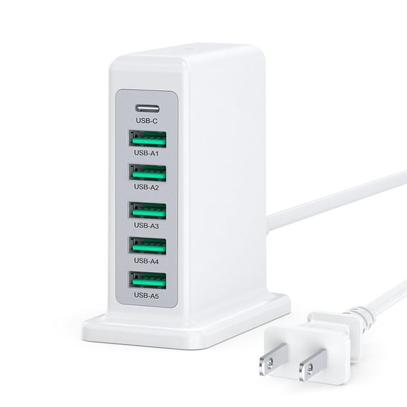 TAOHAI Multi-Device Charging Station, 45W 6-Port USB C Charger Hub with 5 USB A Ports for iPhone, Samsung Galaxy, iPad and Other Devices - Single Piece