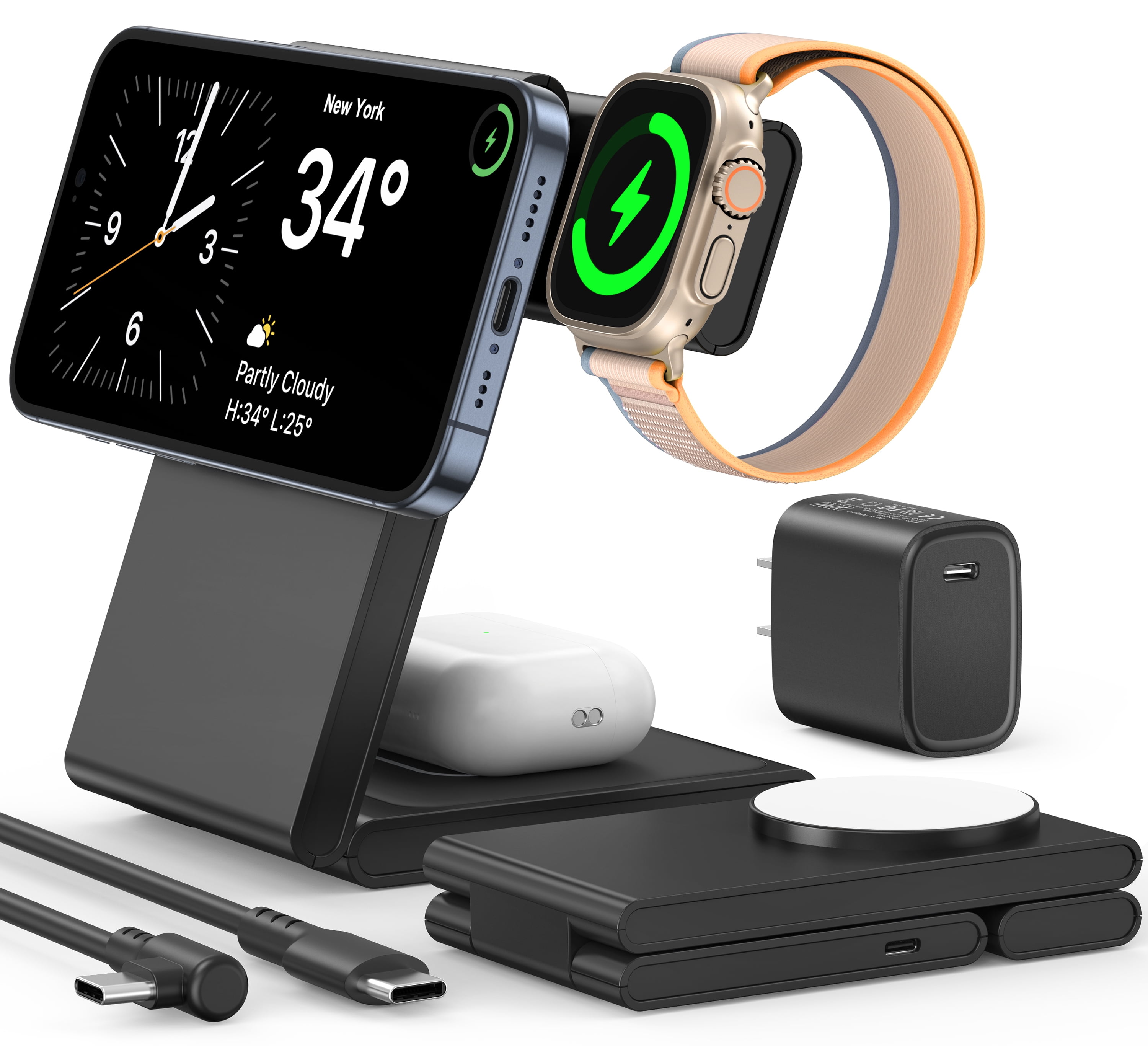 TAOHAI 3-in-1 Wireless Charging Station, 20W Fast Charger for iPhone 16/15/14/13/12, Apple Watch & AirPods (Black)