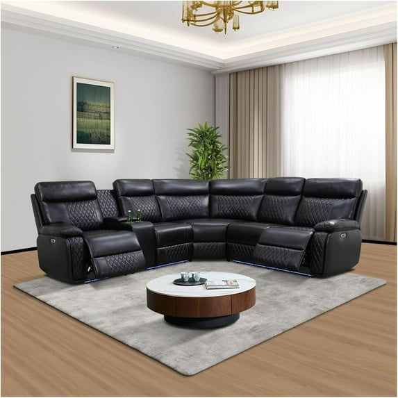 TAORUIFANG 3PCS SET Left Side Recliner Multifunctional Sofa Set Dark Breathable Semi PU Leather Living Room LED Lighting USB Charging Cup-Holder