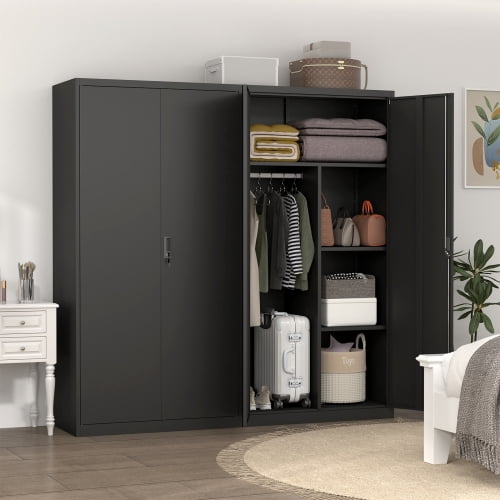 TAORUIFANG Black Metal Large-Capacity Wardrobe with Hanging Rod and Compartments, Lockable Closet with Locks & Keys