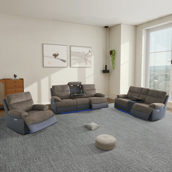 TAORUIFANG Brown & Gray 3-Piece Power Recliner Sofa Set with Wireless Charging & LED Lights, Reclines to 150, Intelligent Living Room Sectional