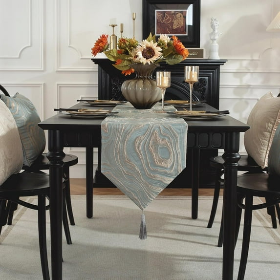 TAOSON High Precision Jacquard Modern Dark Green Gold Tree Ring PatTable Runner with Tassels Polyester Wrinkle Resistant Damask Table Runners for Kitchen Dining Tabletop Decoration (13 x 87 Inch)