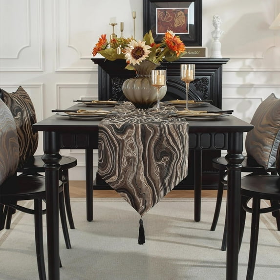 TAOSON Luxury High Precision Jacquard Modern Black Gold Tree Ring PatTable Runner with Tassels Polyester Wrinkle Resistant Damask Table Runners for Kitchen Dining Tabletop Decoration (13 x 87 Inch)