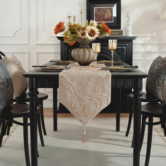 TAOSON Luxury High Precision Jacquard Modern Gold Tree Ring PatTable Runner with Tassels Polyester Wrinkle Resistant Damask Table Runners for Kitchen Dining Tabletop Decoration (13 x 87 Inch)