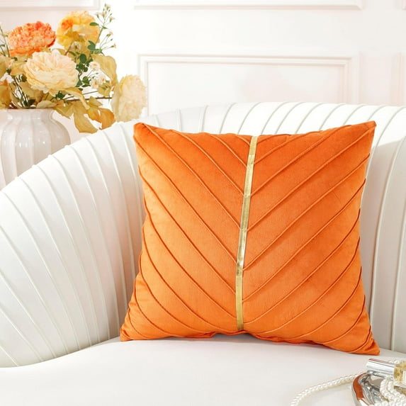 TAOSON Orange Velvet Throw Pillow Covers,Pack of 2 with Gold Leather Valentines Day Decor Couch Pillowcases Luxury Modern Pillow Cover for Wedding Living Room Bedroom Sofa Cushion Bed, 18x18 inch
