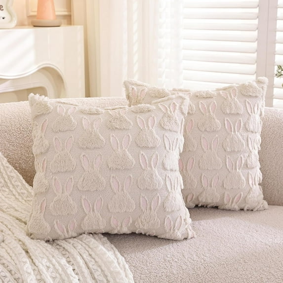 TAOSON Pack of 2,Easter Decorations Pink Ears Beige Rabbit Soft Plush Faux Fur Jacquard Throw Pillows Soft Couch Pillowcases Cushion Covers for Living Room Bed Sofa Home Decor 18x18 inch