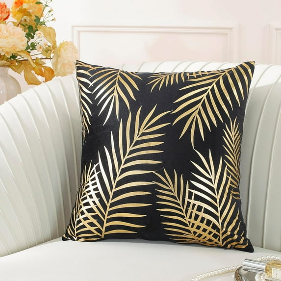 TAOSON Pack of 2,Gold Pillow Covers Velvet Cozy Soft Gold Stamping Leaves Decorative Cozy Soft Throw Pillow Cases Cushion Covers Shells for Sofa Couch Bed Home Decoration 18 x 18 Inches Black