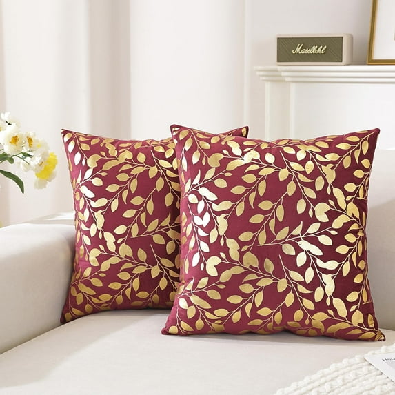 TAOSON Pack of 2,Gold Pillow Covers Velvet Cozy Soft Gold Stamping Small Leaves Bronzing Decorative Throw Pillow Cases Cushion Covers Shells for Sofa Couch Bed Home Decoration 18 x 18 Inches Wine Red