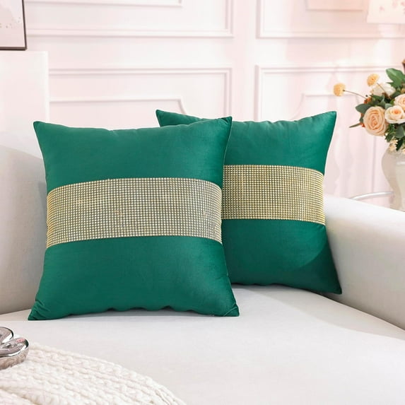 TAOSON Pack of 2, Luxury Green Matching Sequin Patchwork Velvet Throw Pillow Cover with Gold Sequined Rhinestone Cushion Case Square Pillowcase for Sofa Couch Bedroom Living Room Home,18x18 inch