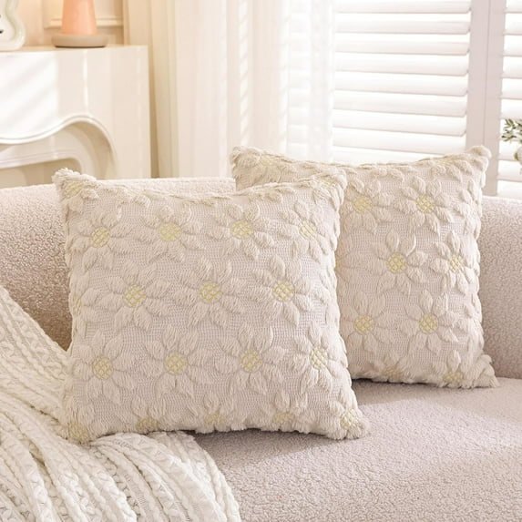 TAOSON Pack of 2, Spring Summer Farmhouse Beige Flower Heart Sunflower Soft Plush Faux Fur Jacquard Throw Pillow Covers Soft Couch Pillowcases Cushion Covers for Living Room Bed Sofa 18x18 inch