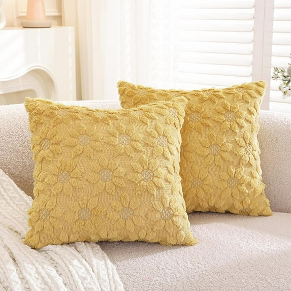 TAOSON Pack of 2, Spring Summer Farmhouse Yellow Flower Heart Sunflower Soft Plush Faux Fur Jacquard Throw Pillow Covers Soft Couch Pillowcases Cushion Covers for Living Room Bed Sofa 18x18 inch