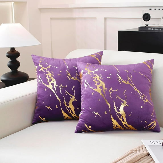 TAOSON Pack of 2,Velvet Marble Pattern Lines Geometric Bronzing Printed Cozy Soft Throw Pillow Cases Cushion Covers Shells for Sofa Couch Bed Home Decoration 18 x 18 Inches, Purple and Gold
