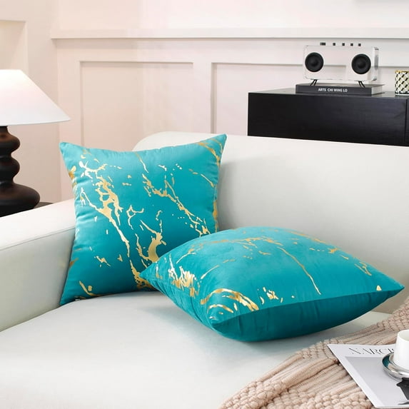 TAOSON Pack of 2,Velvet Marble Pattern Lines Geometric Bronzing Printed Cozy Soft Throw Pillow Cases Cushion Covers Shells for Sofa Couch Bed Home Decoration 18 x 18 Inches, Aqua Blue and Gold