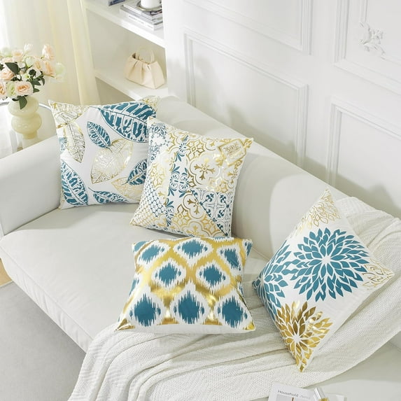 TAOSON Pack of 4,Geometric Pattern Bronzing Printed Cozy Soft Throw Pillow Cases Cushion Covers Shells for Sofa Couch Bed Home Decoration 18 x 18 Inches, Aqua Blue and Gold