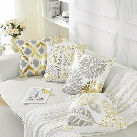 TAOSON Pack of 4,Geometric Pattern Bronzing Printed Cozy Soft Throw Pillow Cases Cushion Covers Shells for Sofa Couch Bed Home Decoration 18 x 18 Inches, Gray/Grey and Gold