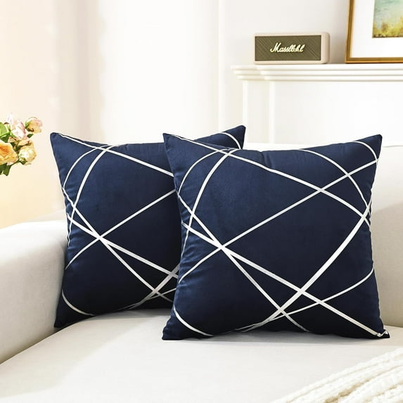 TAOSON Pack of 4,Velvet Cushion Cases Decorative Silver Foil Geometric Lines Pattern Throw Pillow Covers for Modern Homes Couch Sofa Bedroom Living Room 18 x 18 Inches Navy Blue