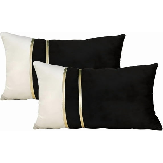TAOSON Velvet Throw Pillow Covers,Pack of 2 Soft Decorative Cushion Covers Cases Black Beige Patchwork with Gold Leather for Sofa Bedroom Livingroom Car, 12 x 20 Inch